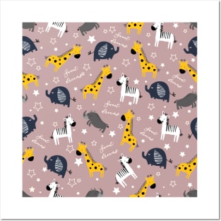 Sweet dreams little one zoo animals cute pattern pastel pink Posters and Art